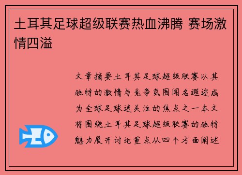 土耳其足球超级联赛热血沸腾 赛场激情四溢 土耳其足球超级联赛热血沸腾 赛场激情四溢