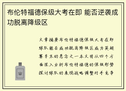 布伦特福德保级大考在即 能否逆袭成功脱离降级区 布伦特福德保级大考在即 能否逆袭成功脱离降级区