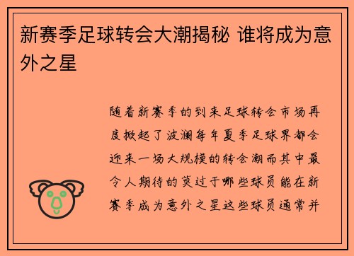 新赛季足球转会大潮揭秘 谁将成为意外之星 新赛季足球转会大潮揭秘 谁将成为意外之星