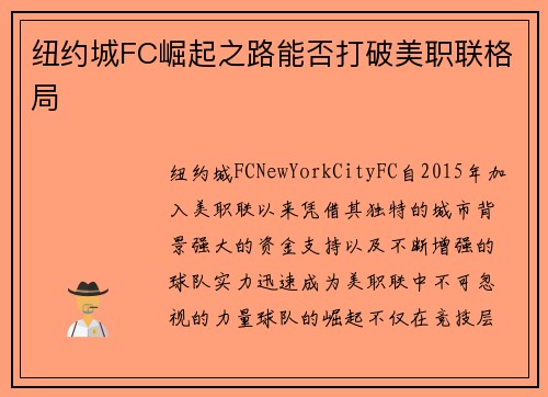 纽约城FC崛起之路能否打破美职联格局 纽约城FC崛起之路能否打破美职联格局